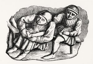 Švec a jeho zákazník, zkopírované z jednoho ze stánků Misericordia ve sboru rouenské katedrály, ilustrace z Vědy a literatury ve středověku a renesanci, psané a od French School