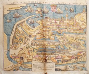 Obležení Calais, 1558 (barevný dřevoryt) od French School