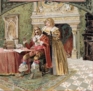 Otec Beringhen a Madame du Fargis spikli proti Richelieuovi (Armand Jean du Plessis, kardinál z Richelieu (1585-1642), ministr Ludvíka XIII., na zámku Azay-le-Rideau (Azay le Rideau) (Indre-et- Loire) Chromolitografie z konce 19 od French School