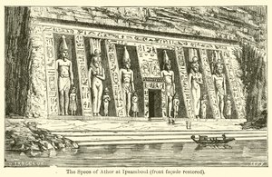 Speos of Athor v Ipsamboul, přední fasáda obnovena (rytina) od French School