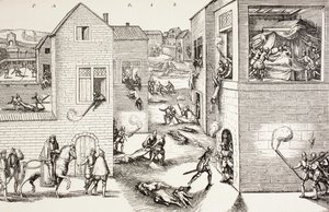 Masakr na den svatého Bartoloměje, srpen 1572, z knihy „Vojenský a náboženský život ve středověku“ od Paula Lacroixe, vydaná v Londýně kolem roku 1880 od French School