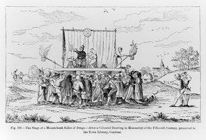 The Stage of the Mountebank Seller of Drugs, ilustrace z Vědy a literatury ve středověku a renesanci, napsal a vyryl Paul Lacroix, 1878 od French School