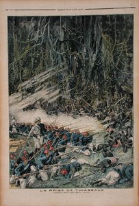 Dobytí Thiassale, bitva ve Virgin Rain Forest, ilustrace z Le Petit Journal, 26. srpna 1893 od French School