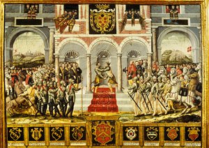 Smlouva z Cateau-Cambresis a objetí Henriho II. (1519-59) z Francie a Filipa II. (1527-98) ze Španělska, 2.-3. dubna 1559 od French School