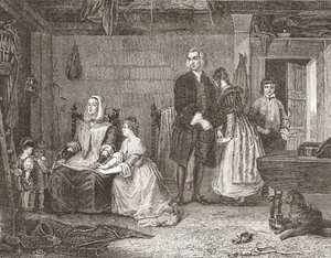 Vikář z Wakefieldu smiřující svou manželku s Olivií podle obrazu Gilberta Stuarta Newtona. Z Histoire des Peintres, École Anglaise, publikoval 1867 (litho) od French School