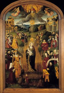 Přítomna je Panna s pšeničným králem Ludvíkem XII. (1462-1515) a papežem Alexandrem VI. (1431-1503). Všemohoucí Bůh držící zeměkouli požehnal scénu, zatímco Duch svatý chránil Pannu a Dítě. Malba na dřevě francouzské školy 16. stol od French School