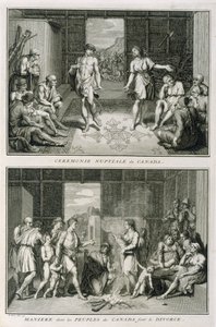 Svatební obřad a způsob rozvodu v Kanadě, ilustrace z Náboženských obřadů a zvyků, vyryl Bernard Picart (1673-1733) 1723 od French School