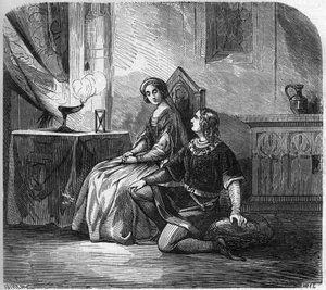 Bílá královna Kastilie (1188-1252) a básník a král Navarry Thibault IV ze Champagne (1201-1253) (také známý jako Thibault I. Navarrský). Rytina „Historie prostituce a zhýralosti mezi všemi národy světa od starověku po od French School