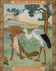 Vlk a jeřáb, jedna z Ezopových bajek (chromolitho) od French School