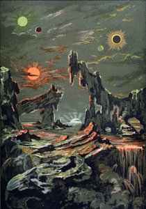 Svět čtyř měsíců a čtyř sluncí, ilustrace z Astronomie Populaire napsal Camille Flammarion (1842-1925) 1881 od French School