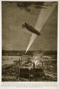 Bombardování Antverp Zeppeliny 24. srpna 1914 v rozporu s Haagskou konvencí, 1914-19 od French School
