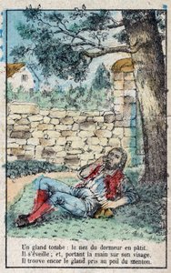 Žalud a dýně. Bajky Jean de La Fontaine (1621-95). Vyobrazení Epinalu z konce 19. století. od French School