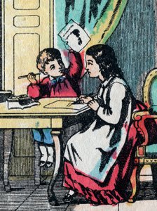 Aktivity pro dívky z dobrých rodin: pomoc bratříčkovi s domácími úkoly - Epinal obrázek - 19. století (rytina) od French School