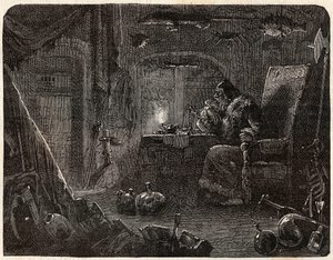 Alchymista, který slíbil, že bude vyrábět zlato, pracuje ve své laboratoři: Alchymista v 17. století – v „Paris a travers les cules““ od Nicolase Julese Henriho Gourdona de Kennouillac (1826-1898) od French School