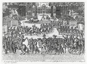 Příjezd Mehmeda Celebiho Efendiho, velvyslance tureckého sultána Ahmeda III., do Tuileries, kde ho v roce 1721 přijal Ludvík XV (rytina) od French School