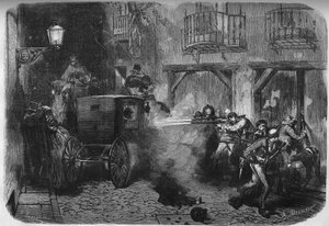 Atentát na Juana Prim y Pratse (1814-1870), španělského generála a politika, při jeho výjezdu z Cortes v ulici del Turco v Madridu dne 28. prosince 1870. Rytina v „“ Le Monde Illustré““ č. 724 z 25. února 1871. od French School