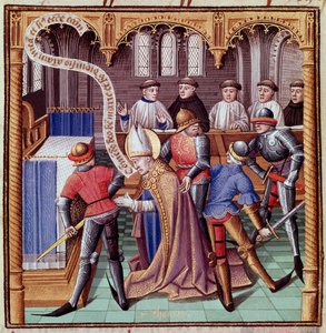 Zavraždění Tomáše Becketa v roce 1170 (Zavraždění svatého Tomáše z Canterbury) Miniatura převzatá z knihy "Le miroir historial" (Speculum Historiale) od Vincenta de Beauvais (1190-1264), kterou do francouzštiny přeložil Jean de Vignay. od French School