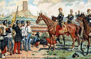 Bitva u Solferina (Itálie) mezi francouzsko-sardinskou (vítězové) a rakouskou (poraženou) armádou v roce 1859. Chromolitografie 19. století. od French School