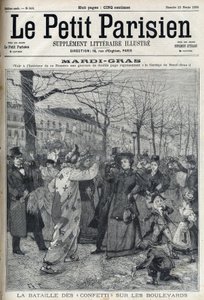 Bitva o konfety na pařížském bulváru během Mardi Gras (Mardi-Gras). Rytina v "Le petit Parisien"" od French School