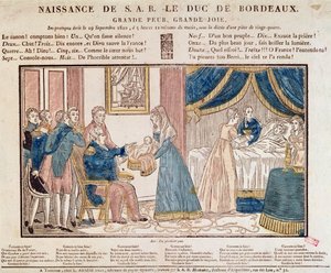 Narození Henri Charles Ferdinand Marie Dieudonne de France, vévoda de Bordeaux, Comte de Chambord dne 29. září 1820 (barevná dřevorytina) od French School