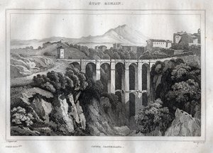 Most má dvojité arkády - CIVITA CASTELLANA - Provincie Viterbo - Itálie - Rytina z “”Itálie malebné” - Historická a popisná malba Itálie”” od M. de Norvinse, Ch. Nodier 1834-1836. od French School