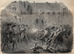 Zbojník Louis Dominique Garthausen dit Cartridge (1693-1721) a jeho společníci jedoucí desuitalizovat hotel Desmaretz v Paříži, jsou po urputném boji překvapeni a napadeni lučištníky, prchají střechami - francouzský lupič Louis Domini od French School