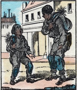 Kominík. Rytina „“La chanson des metier““. Epinal imaging, konec 19. století. Soukromá sbírka od French School