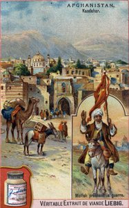 Město Kandahár v Afghánistánu s mullou kázáním války. Reklamní chromolitografie 19. století. od French School