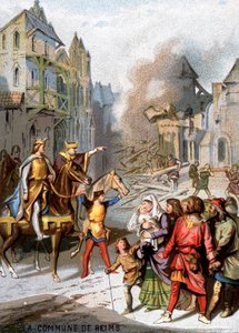 Komuna Reims (1160) – Represálie Ludvíka VII. s cílem zničit komunální svobody buržoazie z Remeše. Chromolitografie řady „“Vlastenecká výchova obrazem““. od French School