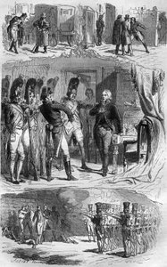 Spiknutí Claude Francois de Malet (Claude-Francois Malet) (1754-1812), generál Říše, autor převratu proti Napoleonovi z roku 1812, během ruského ústupu. Rytina v „Historie papežů-králů-královen a císařů v průběhu staletí od French School