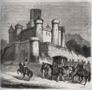 Sbor Rigonde (Rigonthe) (kolem 569-po 589) opouští Paříž, aby šel za svým snoubencem, princem Recaredem. Rytina z roku 1871 v „Histoire Des Cocus Celebres““ od Henryho de Kocka (1819-1892). od French School