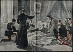 Smrt Felixe Faureho (1841-1899), prezidenta Francie, mu Abbe Renault dala rozhřešení. Rytina v “” Le Pelerin”” 26/02/1899. od French School