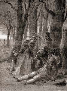 Smrt Philippa Lebona na Champs-Élysées poté, co byl třináctkrát bodnut, z „Les Merveilles de la Science“, vydáno kolem roku 1870 (rytina) od French School