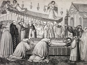 Smrt svatého Benedikta z Nursie v opatství Monte Cassino z knihy „Vojenský a náboženský život ve středověku“ od Paula Lacroixe, vydaná v Londýně kolem roku 1880 od French School