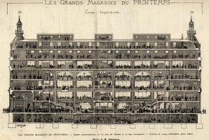 Obchodní domy Printemps v roce 1889, podélný řez, od Rue du Havre po Rue Caumartin, kresba Berteault, sbírka Bianchetti. od French School