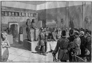 Svržení mumie Sesostris (Rhamses II) v Musee de Boulaq (Káhira, Egypt) od Gastona Maspera za přítomnosti khediva Tewfika. Rytina v „The Illustrous World““ 1886. od French School