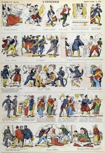 Různé fáze požáru v 19. století. Obrázek Epinal z 19. století. od French School