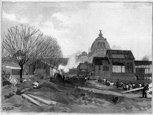 Místo pro zemní práce pro instalaci monumentální fontány v Paříži pro světovou výstavu v roce 1889. od French School