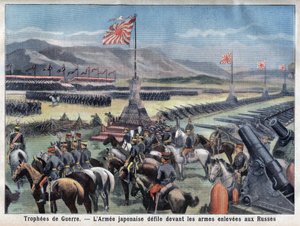 Konec japonského konfliktu Russo, japonská vítězná armáda sedí před převzetím ruských zbraní, v „Le Petit Parisien“, 24. 6. 1906 (rytina) od French School
