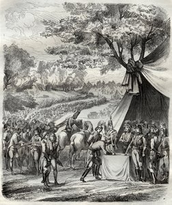 Konec vendejské války - Hoche podepisuje smlouvu s Bretonci - Francouzská revoluce - La pacification de la Vendee - Accords de la Mabilais, 20. dubna 1795 - podpis mezi generálem Hochem a kuchaři chouany - Podpis smlouvy z Mabilais od French School