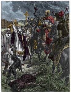 Předvečer Svatý Loup z Troyes arretes Attila, král Hunů před Troyes - Invaze barbarů - Rytina podle obrazu H. Groberta. od French School