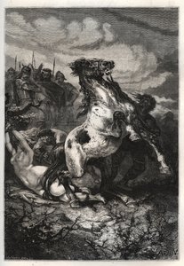 Poprava Brunhildy z Austrasie Chlotharem II., 613 - Smrt královny Brunhildy z Austrasie, vizigótské princezny, provdané za krále Sigeberta I. z Austrasie - Mort de Brunehaut (nebo Brunehilde) nařízená Clotaire (Clothaire) II (613). rytina od French School