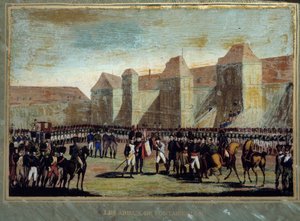 Rozloučení s Napoleonem Bonapartem (1769-1821) má císařská stráž na nádvoří Cheval Blanc ve Fontainebleau dne 20.4.1814. Anonymní malování. 1814 Aix Island, Napoleonské muzeum od French School