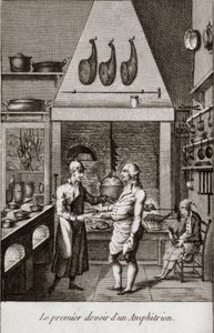 První povinnost Amphitriona (amphitryon) - rytina do „“ Almanachu labužníků, sloužící jako průvodce způsoby, jak udělat vynikající drahou. Od starého amatéra““ Alexandre Balthazar Laurent Grimod de la Reyniere - 1804-1812 od French School