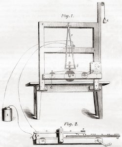 První elektrický telegraf vynalezený Samuelem Morsem v roce 1837, z Les Merveilles de la Science, publikovaný kolem roku 1870 (rytina) od French School