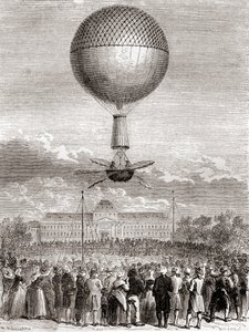 První úspěšný let balónem Jeana-Pierra Françoise Blancharda dne 2. března 1784 ve vodíkovém balónu vypuštěném z Champ de Mars v Paříži ve Francii z Les Merveilles de la Science, vydáno kolem roku 1870 (rytina) od French School