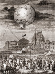 Let Aérostat Réveillon 19. září 1783 bratry Montgolfierovými ve Versailles ve Francii před francouzským králem Ludvíkem XVI. a královnou Marií Antoinettou z Les Merveilles de la Science, vydáno kolem roku 1870 (rytina) od French School