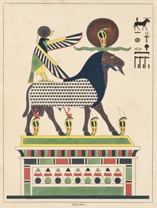 Bůh Amon-Ra, ilustrace z egyptského Pantheonu: sbírka mytologických postav ze starověkého Egypta od Jean-Francoise Champolliona, vydáno kolem roku 1986 od French School