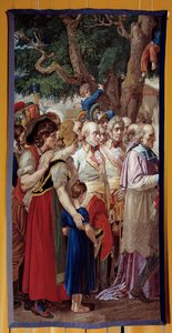 Předání klíčů od Vídně Napoleonovi I. (1769-1821) Císař se vrátil do rakouského hlavního města dezertérem Františkem II. Habsburským dne 14.11.1805. Gobelín vyrobený z dílny Gobelins. 1815. Slunce 3,35x1,72 m Malmaison, musee du chateau od French School