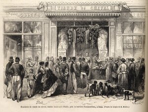 Koňské řeznictví v Bariéra de Fontainebleau (Paříž) otevřeno v roce 1866 - Butcherie chevaline - Boucherie Meat de Cheval Boulevard Itálie poblíž Bariéry de Fontainebleau 1866) Rytina v „Le monde illustrious“ de 1866 od French School